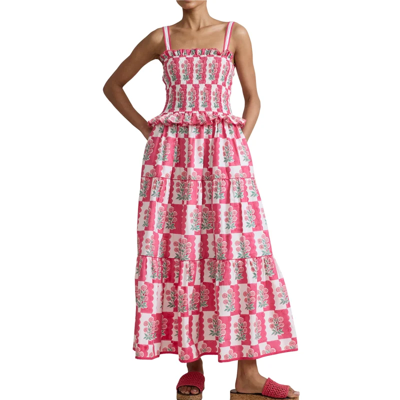 Abito estivo da donna Boho con cravatta sulla spalla Y2k Abito lungo fluido smock floreale con volant a strati Beach Vocation Sundress-A55G