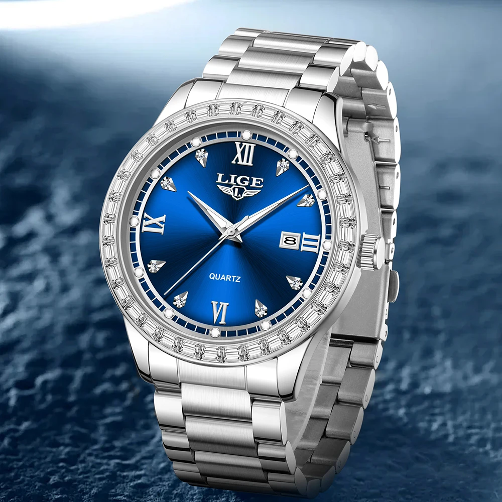 

LIGE мужские часы с водным бриллиантом, роскошные ночные светящиеся календари, кварцевый механизм, 41 мм, синие модные деловые часы из нержавеющей стали для мужчин