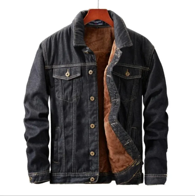 

Men Denim Jacket Thick Coats Single Breasted Turn Down Collar Full Sleeve Casual Regular Coat Warm Jackets Autumn Winter New