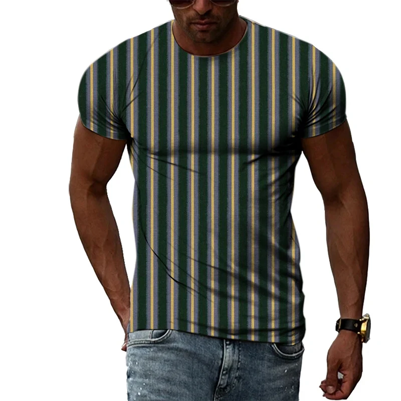 

Street Casual Sportswear T-shirts For Men Clothing 2024 Summer Stripe Print Short Sleeve Tee Shirt y2k Gym Tops Round Neck Tees