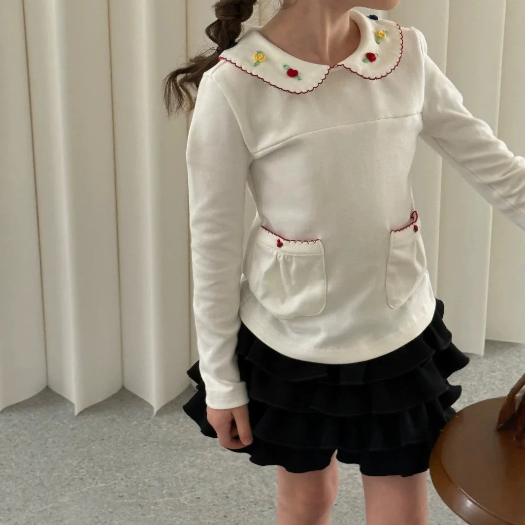Girls T-shirt 2026 Spring and Autumn New Childrens Clothing Girl Baby Retro Lapel Hand-embroidered Long-sleeved Bottom Shirt