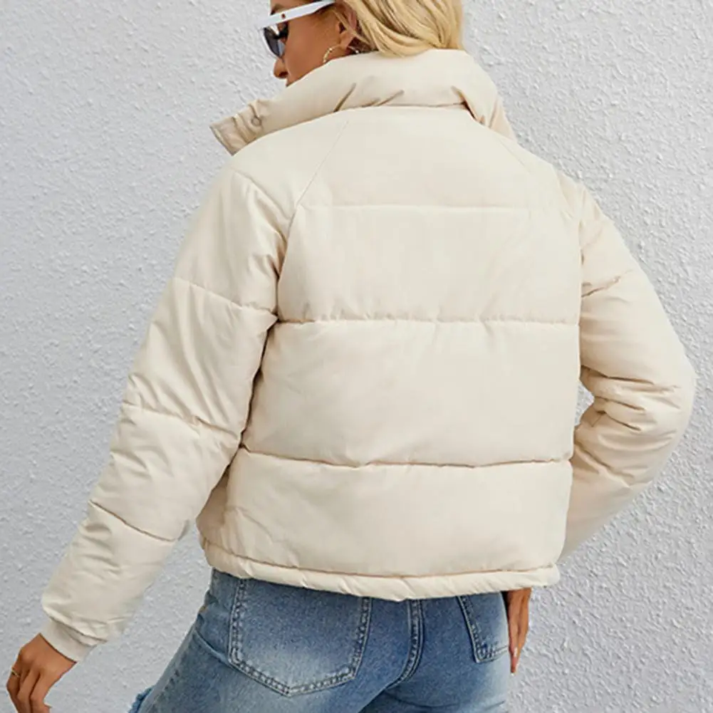 Women Jacket with Zippered Pockets Turn-down Collar Thickened Padding for Windproof Coat