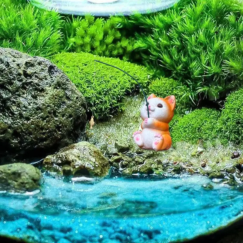 Cat Fishing For Fish Tank Miniature Fishing Kitten Figurines Landscaping Fishing Cat Ornaments Resin Figurine Cat Statue For