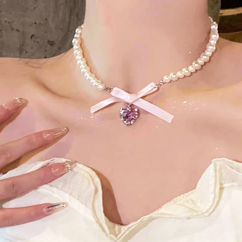Kpop الحب قلب القوس قلادة للنساء ، سلسلة اللؤلؤ الزركون الوردي ، الحلو Y2K المجوهرات الجمالية ، هدية الحزب ، تخفيض كبير #3