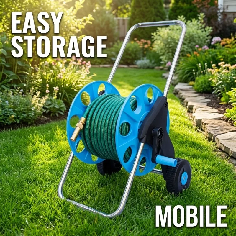 Wheeled Garden Hose Reel Cart Portable Water Pipe Storage Rack Holder Hand Crank Mobile Yard Lawn Car Washing Watering Organizer