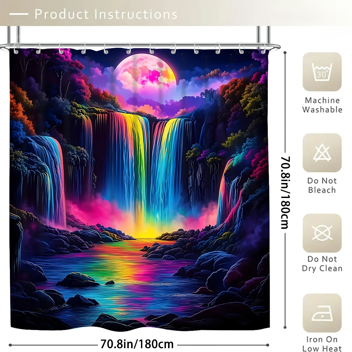 4pcs  Rainbow Waterfall at Night Set, and Easy to Clean. Includes Shower Curtain, U-shaped Mat, Toilet Lid Cover and 12 Hooks for a Magical and Colorful Bathroom Vibe.
