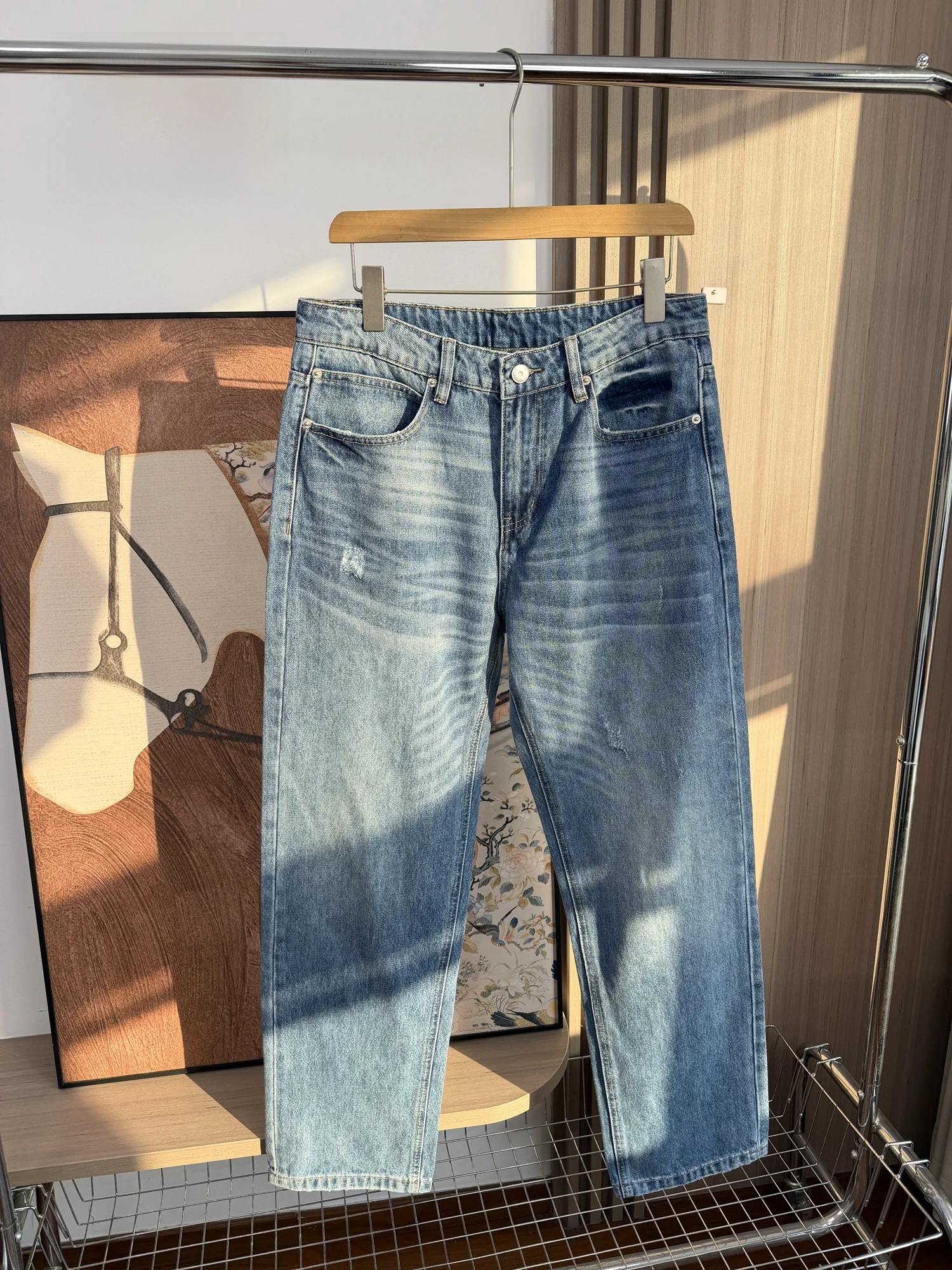 

Comfortable Retro Men's Straight Leg Casual Jeans Fashionable Spring Commute Wear Breathable Stretch Denim mid Waist Zipper Fly