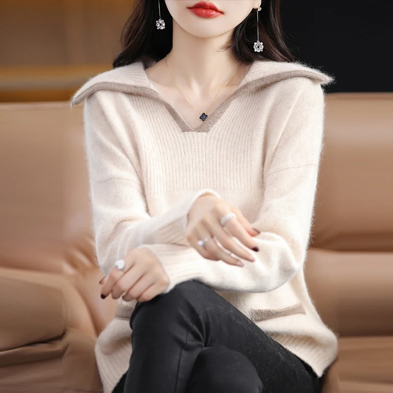 Cashmere Sweater Women\'s 100% Pure Mink Cashmere Women\'s Pullover V-neck Knitted Sweater Korean Fashion Underlay Loose Top