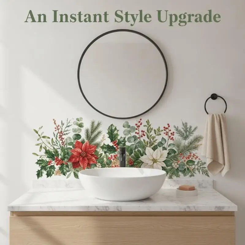 Fresh Floral Pattern Sink Wall Sticker Waterproof Easy to Clean for Rental Apartment Bathroom Home Wall Decor