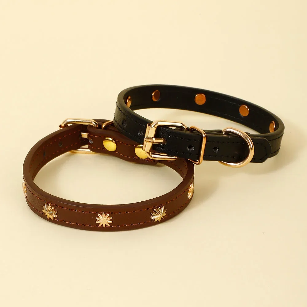 Designers Leather Cat Collar Gold Rivet Kitten Necklace for Cats Small Dog Puppy Accessories Pet Supplies Chihuahua 1.3 CM Width