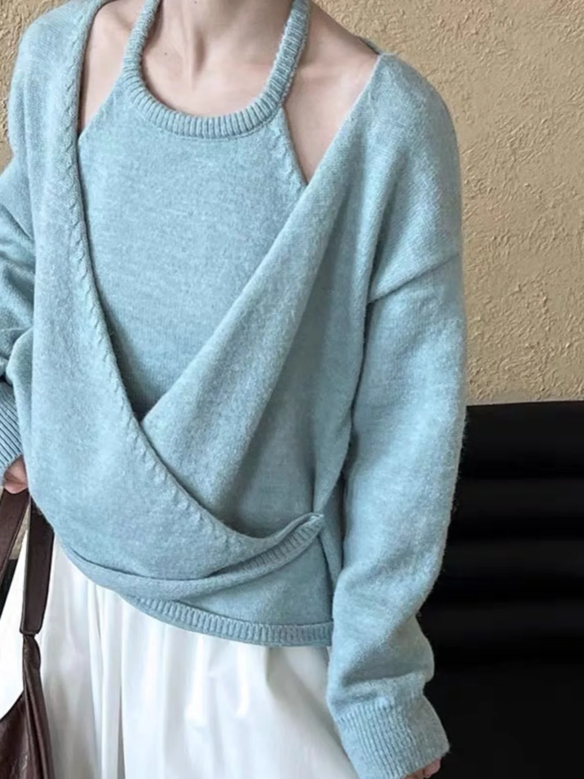 한국 스타일 브이넥 숏 니트 스웨터 여성용 레이지 패션 넥 행잉 탑 봄 투피스 세트 따뜻함 발산 긴팔