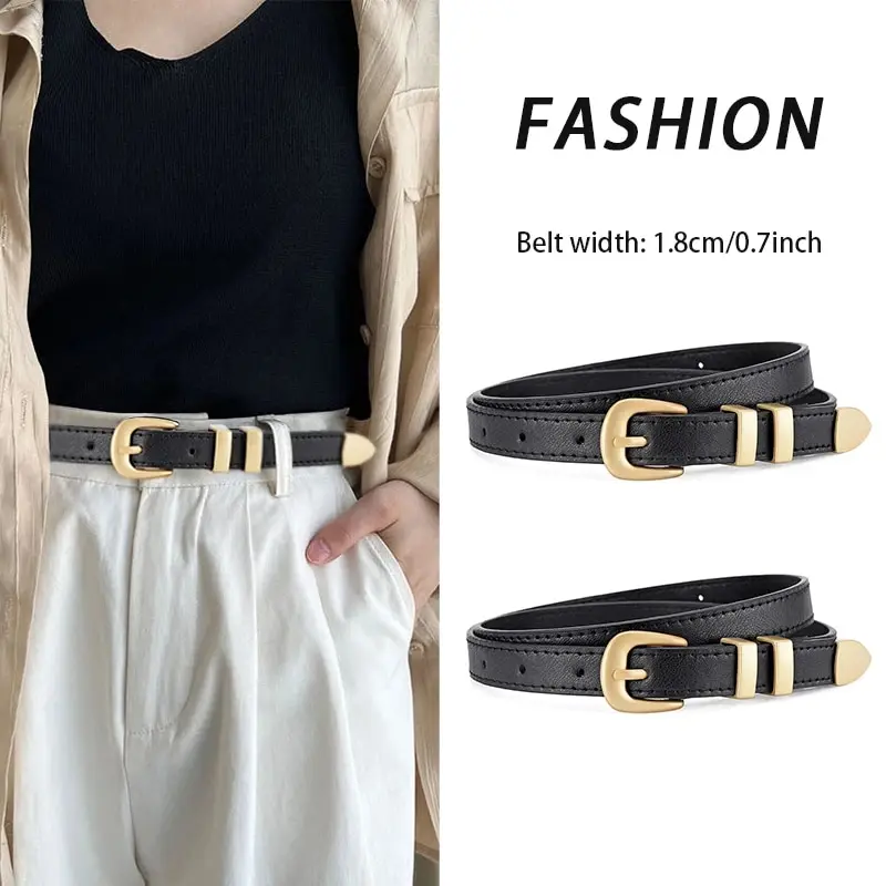 Women's Belt Trend Gold Buckle Belt Fashion Casual Versatile Thin Belt Soft PU Leather Belt Jeans Belt Gift for Mom Girlfriend