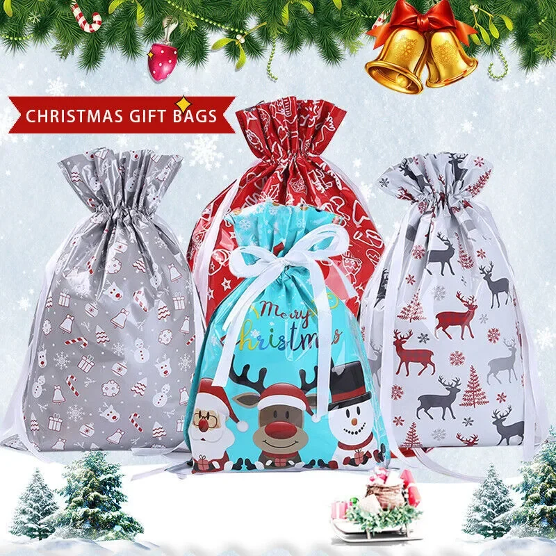 10 SZTUK 32X24CM Duże świąteczne worki na prezenty Torby na prezenty ze wstążką Torby do przechowywania prezentów Xmas Presents Party Decoration