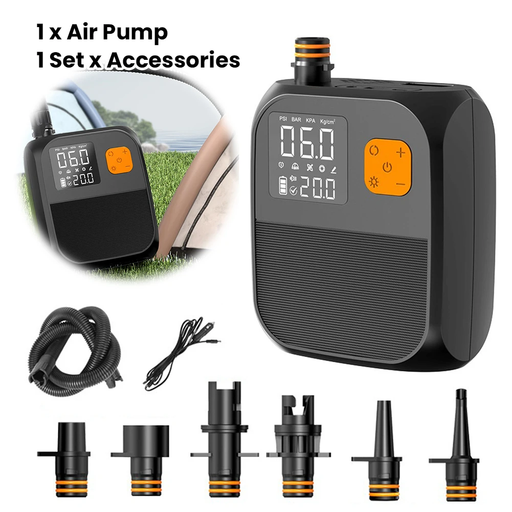 

Беспроводной электрический насос 25PSI с сенсорным экраном, перезаряжаемый, для SUP-досок, надувных лодок и велосипедов