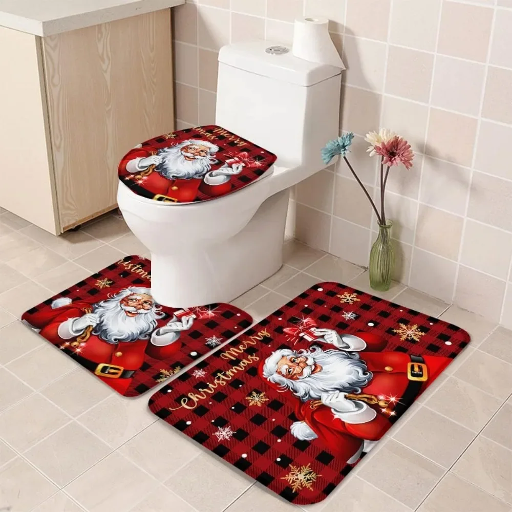 3PCS/set Red Christmas Bath Mat Set Santa Claus Winter 2025 New Year Xmas Home Carpet Bathroom Decor Floor Rug Toilet Lid Cover