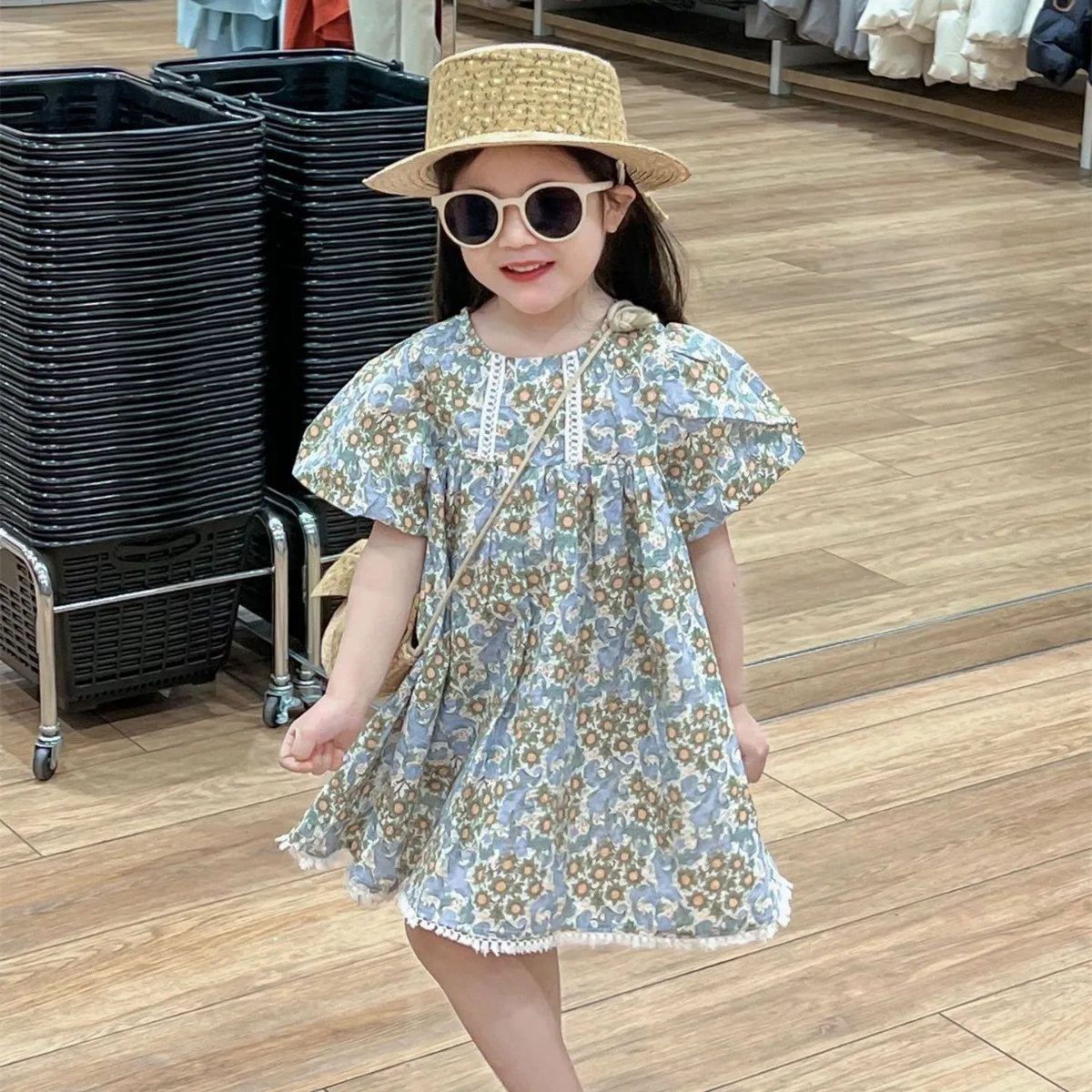 Children Dress 2024 Summer Korean Girls Floral Skirt French Style Sweet Princess Skirt Bubble Sleeve Short Sleeve Dress