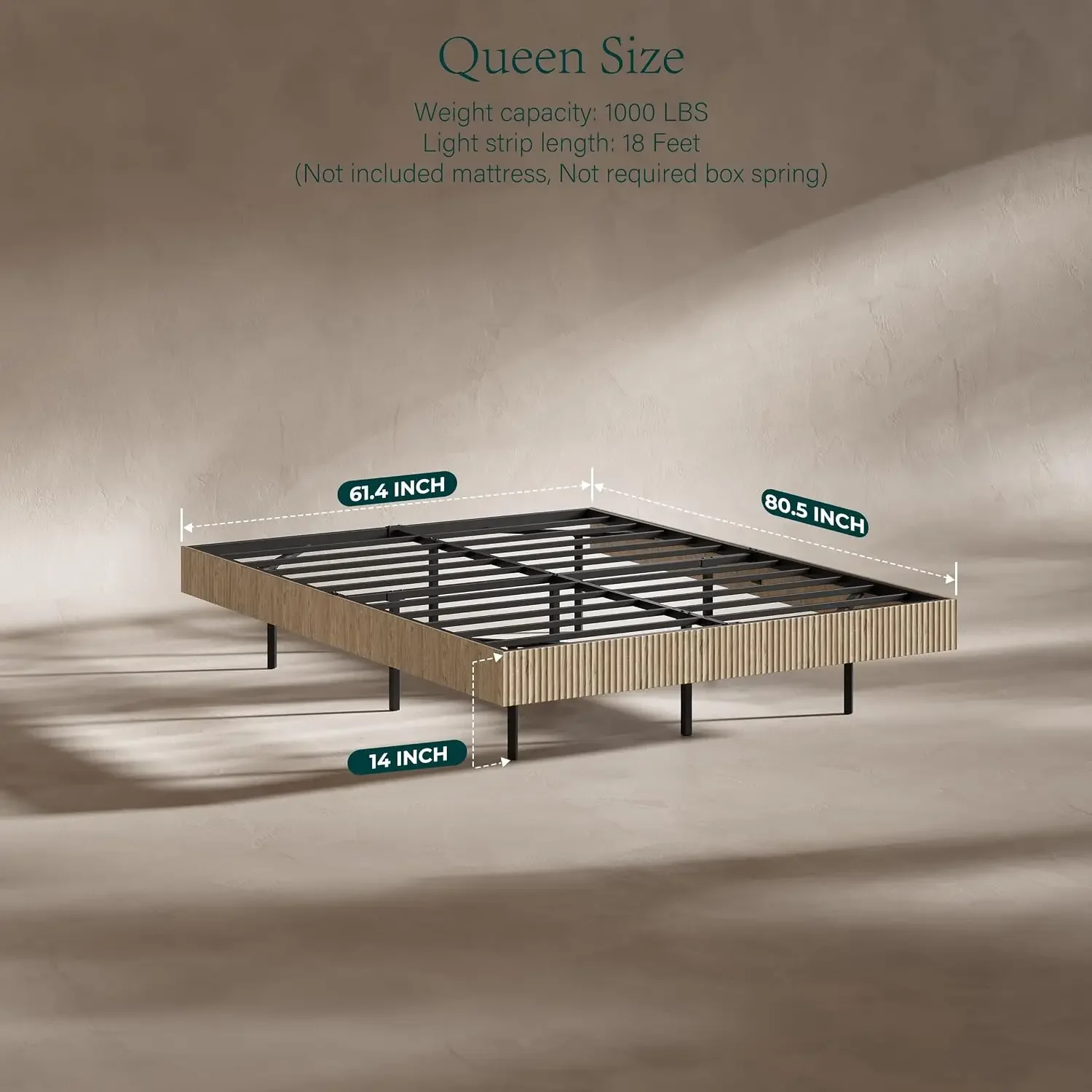 14In High Oak Queen Floating Bed Frame with led Lights | Fluted Platform Bed with Decorative Surround, Heavy Duty Bohemia Floati