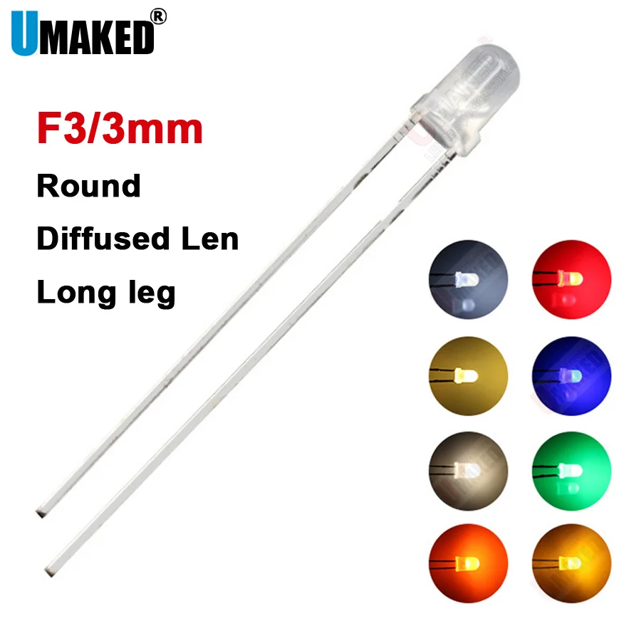 1000 pz 3mm Foggy LEN gamba lunga LED lampade rotonde diodi chip light beads F3 led diodi emettitori WW/W/R/G/B/Y illuminazione lampada fai da te