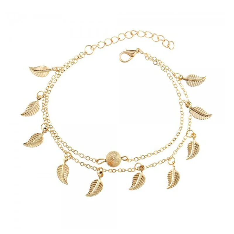 Leaf Anklets Women Double Foot Chain Ankle Bracelets Bohemian Gold Color Leaves Anklet Jewelry For Foot Summer Beach Gifts