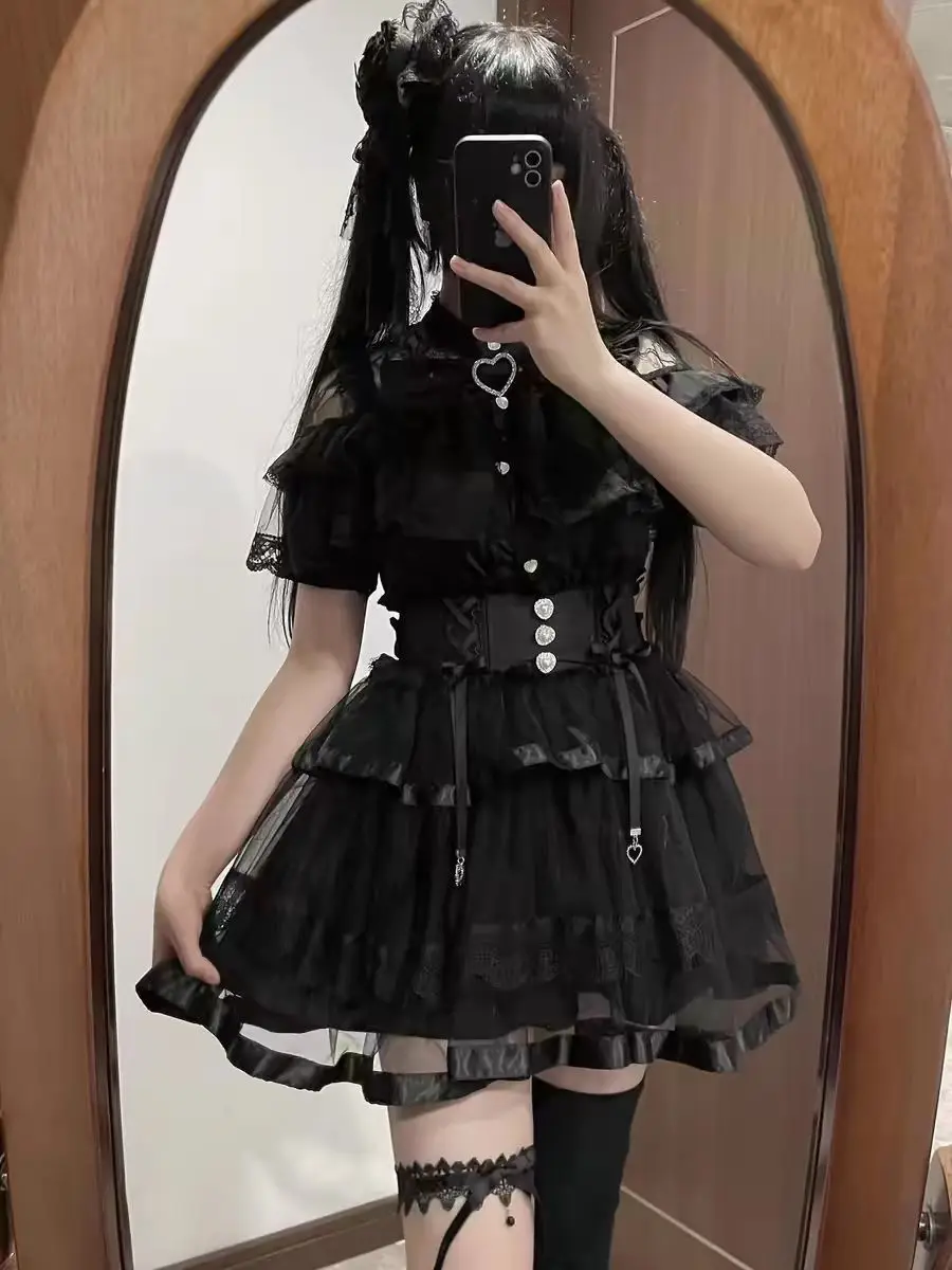 Japanese Gothic Style Rhinestone Lolita Mini Skirt Women Punk Slim Bandage Cake Skirt Kawaii Girls Mesh Y2k Skirts Faldas Mujer