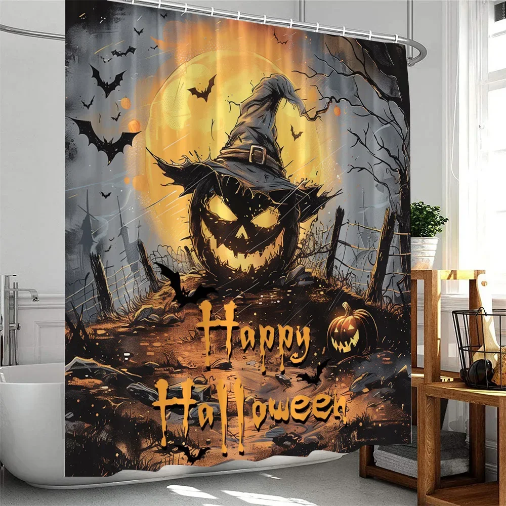 Happy Halloween Shower Curtain Black Cats Evil Pumpkins Zombie Graveyard Full Moon Horror Night Bathtub Curtain Cloth Bath Decor