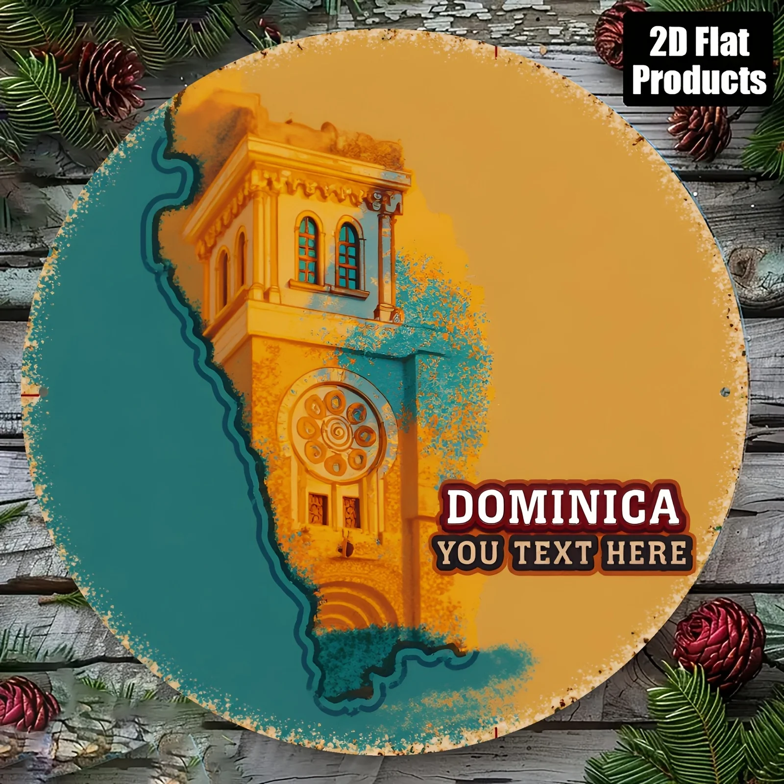Vintage Dominica Customizable Round Tin Sign, Retro Distressed Caribbean Island Landmark Building Metal Wall Art, Rustic Persona