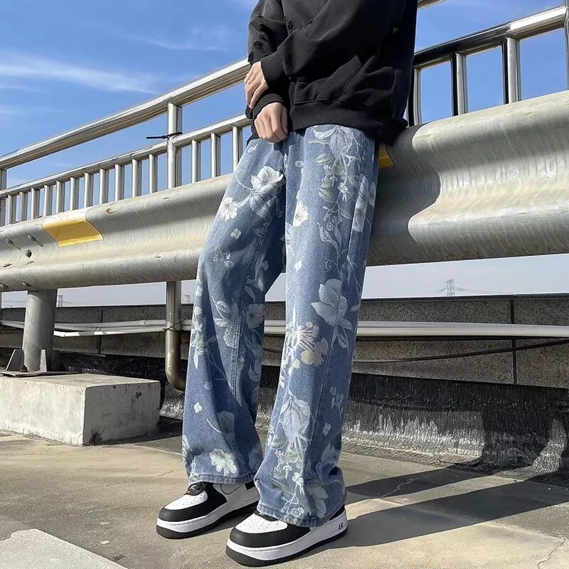 Printed Jeans 2024 Spring Korean Style Mens New Floral Denim Pant High Street Loose Straight Couples Trousers baggy hosen herren