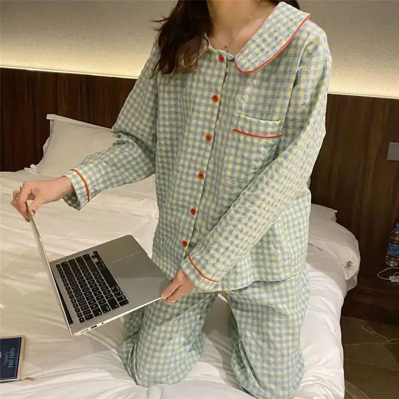 Grade pijamas femininos primavera outono confortável pijamas novo modelo mangas compridas conjunto de pijama de algodão calças cor sólida homewear