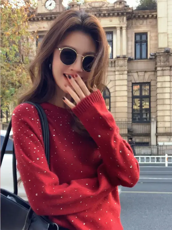 

Красная вязаная базовая рубашка со стразами для женщин, осенне-зимняя, теплая, уникальная, красивая, можно носить как верхнюю одежду, в корейском стиле.