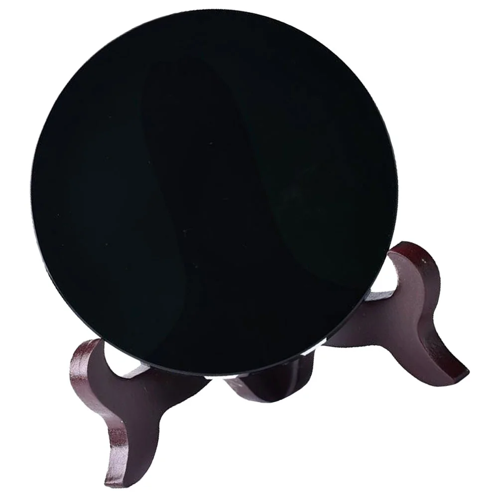 Fomiyes Black Obsidian Stone Mirror Natural Circle Disc Round Plate Feng Shui Mirror Stand Obsidian Scrying Mirror Yoga Energy