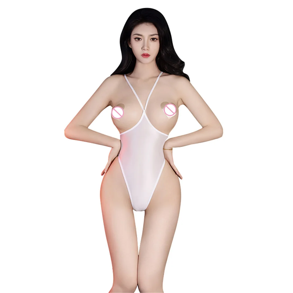 Sexy Women Oil Glossy Shiny High Cut Bodysuit Sheer See Through Open Bust Elastic Tights Bandage Shaping Leotard Hollow Out