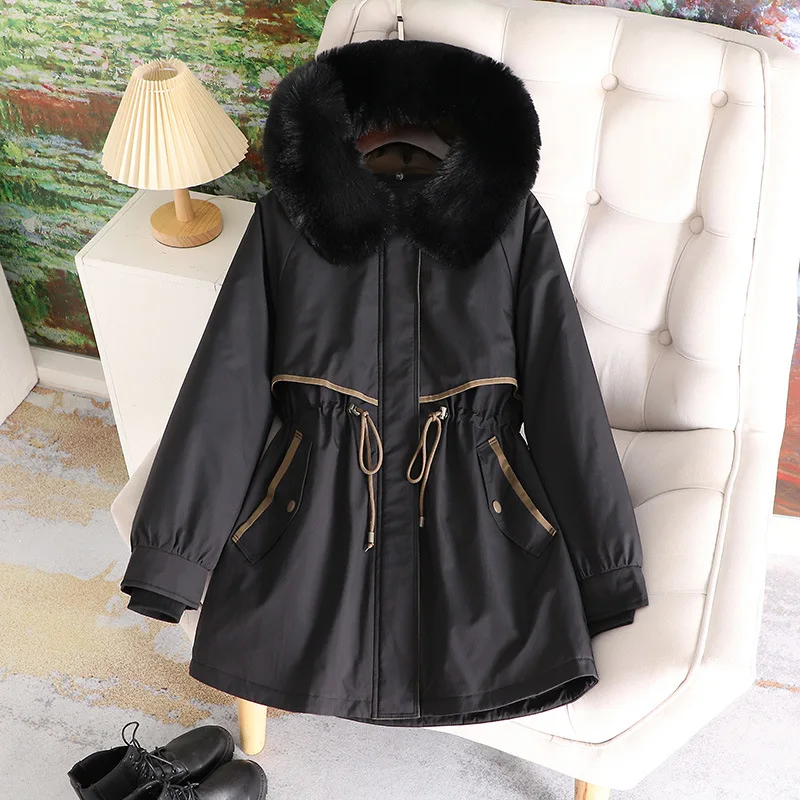 

Parkas Woman Bubble Womens Fall Panelled Waist-Closed Long-Sleeved Insulated Fur Neckline Drawstring Office Comfy Chinese Style