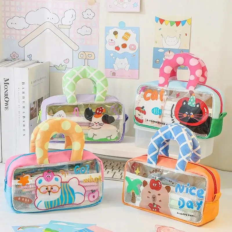 1Pcs Large Capacity Pencil Case With Handles, Kids Small Backpack Tote For School Compartment Organizer Cute Cartoon
