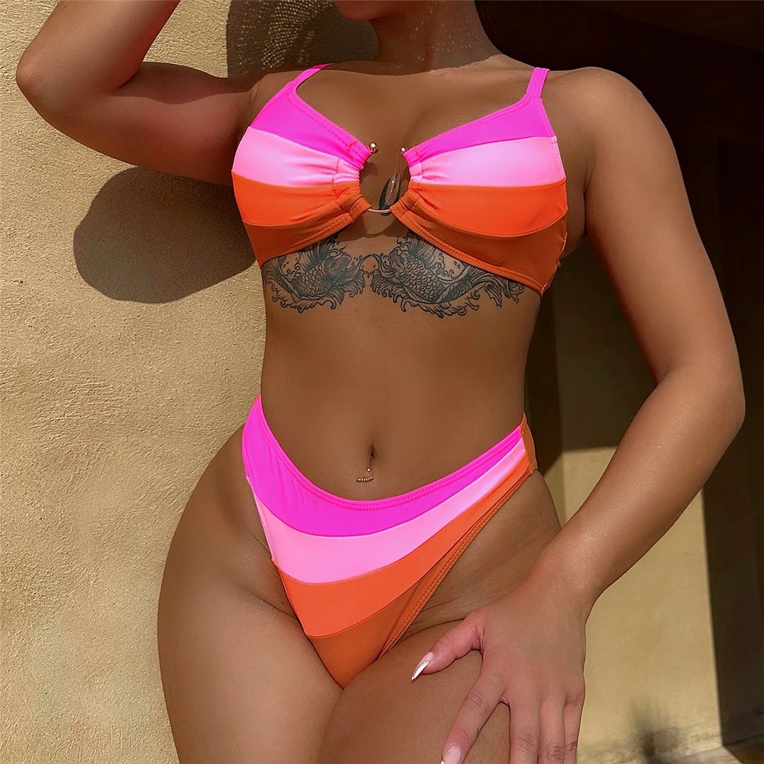 Splicing Cut Out Brasilianischer Bikini Damen-Badeanzug Zweiteiliger Bikini-Set mit hohem Beinausschnitt Badebekleidung Badeanzug V5439 – Detail 7