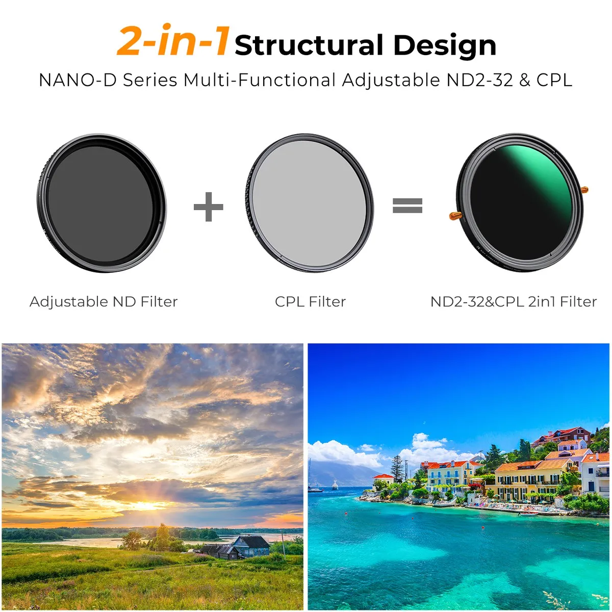 K&F Concept 67mm 82mm Nano D Series Variable Fader ND2-32 ND Filter and CPL Circular Polarizing Lens Filter in 1 for Camera Lens