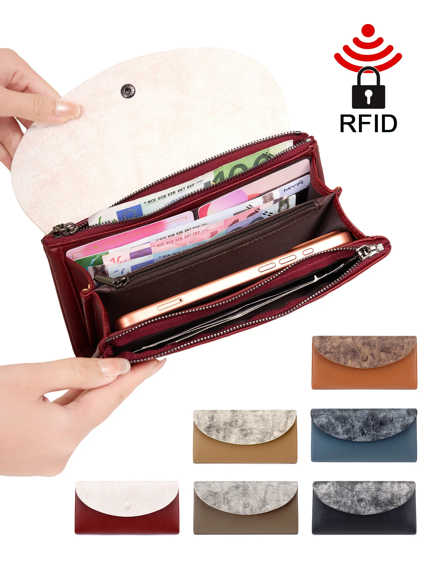 

Женский кошелек с RFID-защитой, стильный ретро-кошелек с двойной молнией, держатель для кредитных карт, многофункциональный женский клатч из искусственной кожи, кошелек для монет