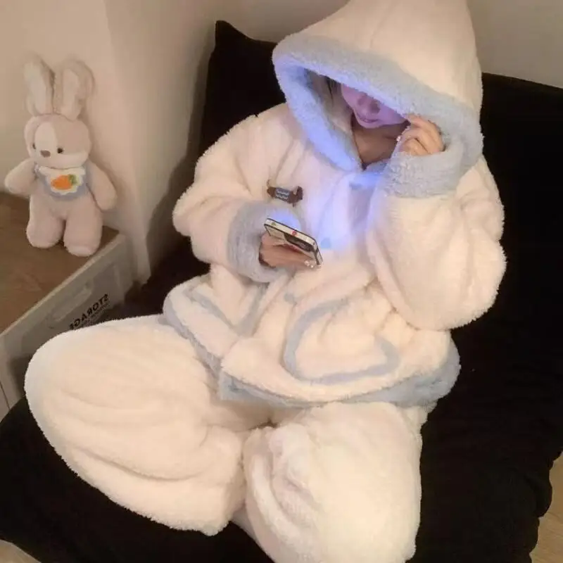 

Korean Style Minimalist Solid Coral Fleece Pajamas Set Women Winter Warm Hooded Long Sleeve Pants Homewear Loungewear For Girls