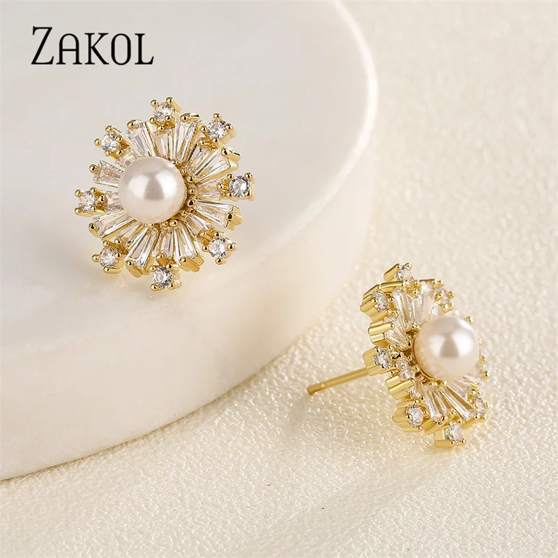 ZAKOL New Exquisite Cubic Zirconia & Imitation Pearls Snowflake Stud Earrings for Women Fashion Party Birthday Christmas Gift