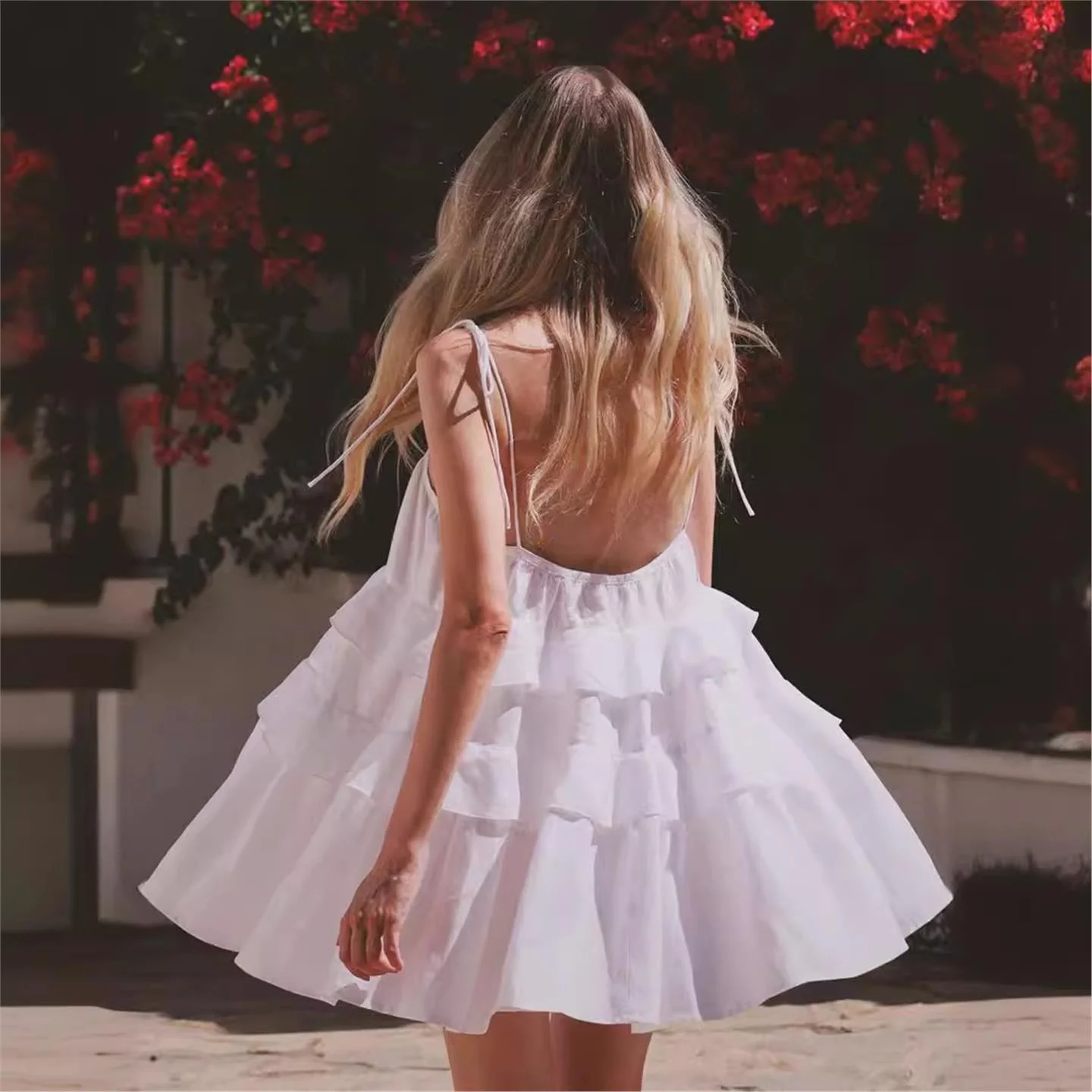 Vestido de Dama de Honra Curto de Verão, Sem Costas, com Camadas de Babados, Estilo Princesa, Cintura Alta, Saia em Camadas, ...