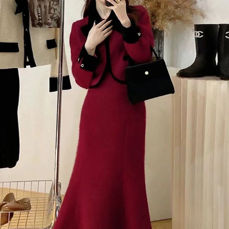 Women\'s Fragrant Wind Bow Woolen Suit Half Skirt Set Retro Sweet Contrasting Colored Woolen Coat Fish Tail Skirt Two-piece Set