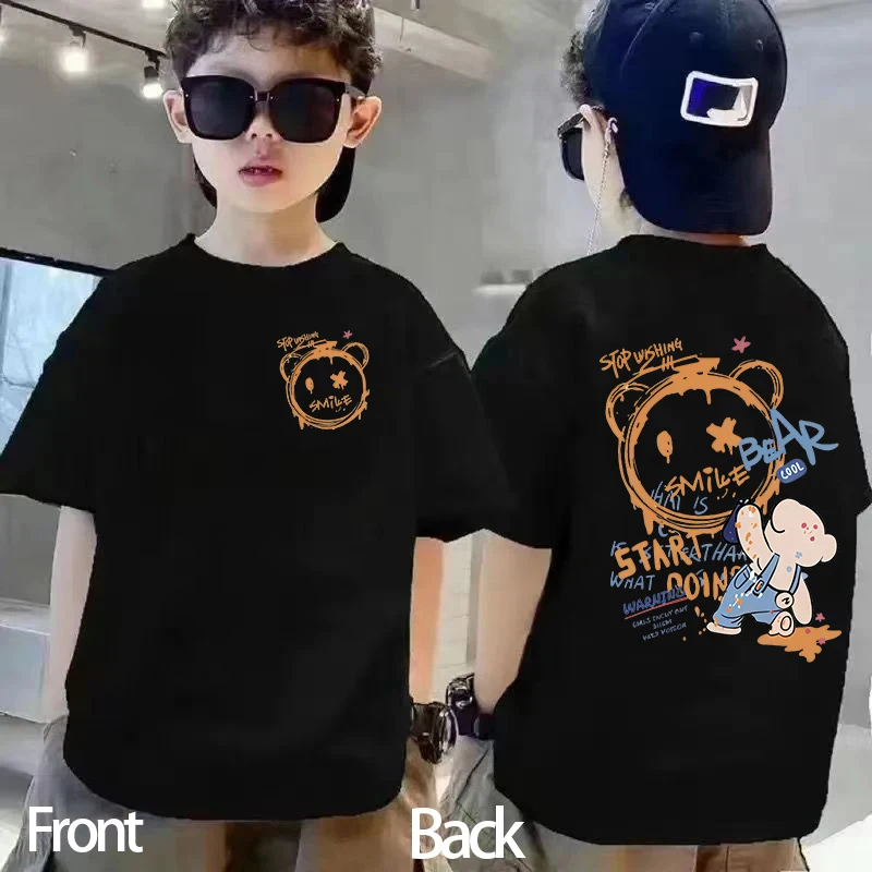Summer Street Wear, Teddy Bear Graffiti Print, Children's High-quality Casual Short Sleeved T-shirt Top