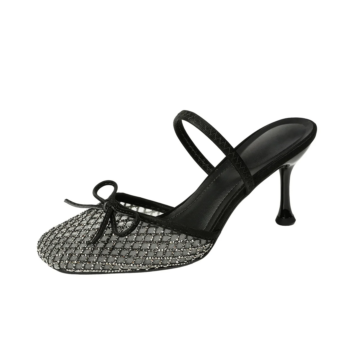 Elegant Shiny Mesh Bowknot Baotou Half Slippers Women's Summer New Shallow Mouth Stiletto Heels Sandals Solid Dress Party Pumps