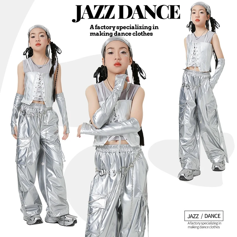 

Girls Jazz Dance Costumes Kids Hip Hop Clothing Kpop Outfit Stage Street Dance Clothes Silvery Vest Shiny Leather Pants XH2489