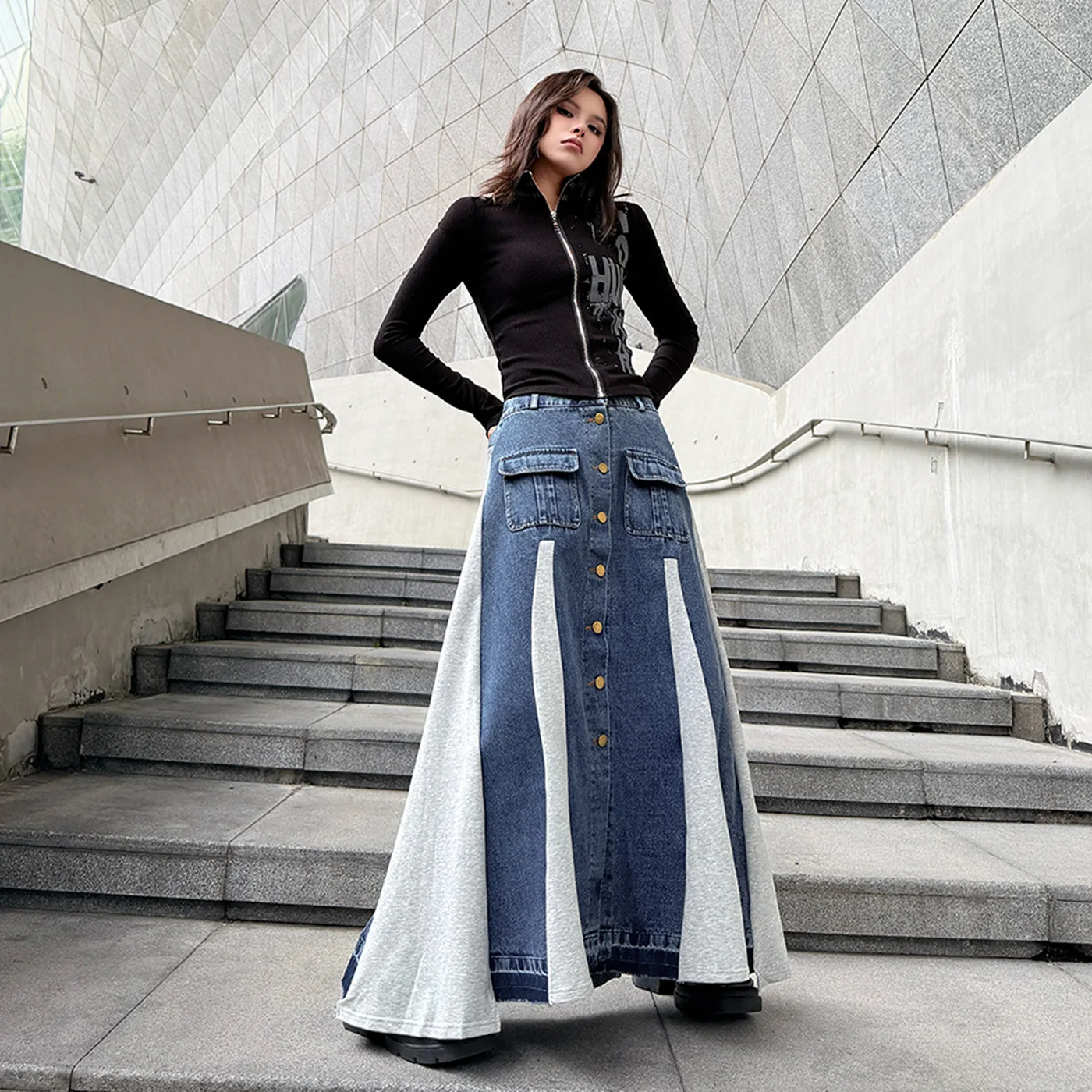 

Ретро джинсовая юбка миди с цветными блоками, с высокой талией, А-силуэт, для женщин, модная, уличный стиль, хлопок, повседневная, с вышивкой, из других материалов