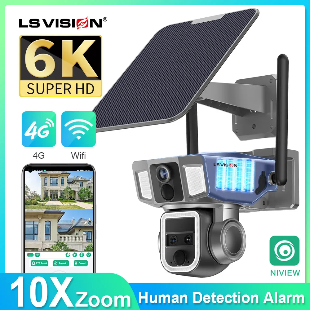 LS VISION 4G&WIFI Solar Security Camera Outdoor 10X Zoom Dual Lens Screen Wireless Cameras 4K/12MP PTZ Cam Human Tracking CCTV