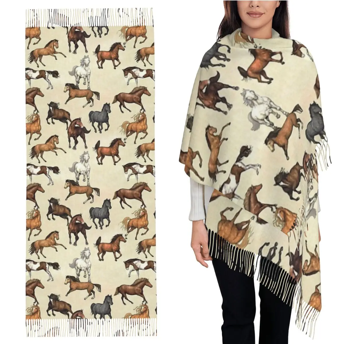

Шарф с рисунком лошади на закате, шарфы с кисточками для женщин, мягкие теплые шали и накидки, длинная осенне-зимняя шаль