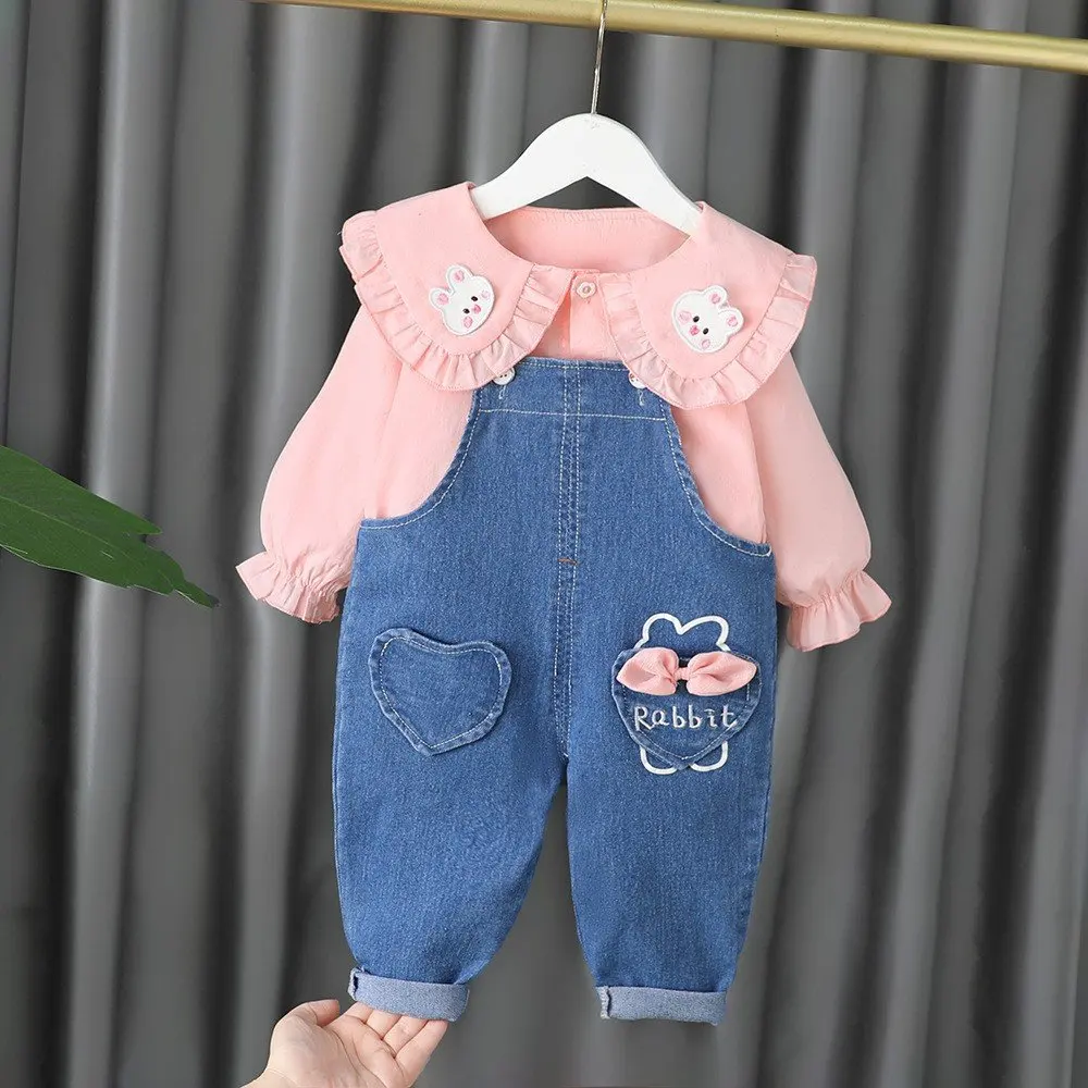 Little Girls 2Pcs Cute Outfit Ruffled Collar Rabbit Embroidery Blouse Heart Bow Denim Overalls Kids Spring Casual Clothes Set