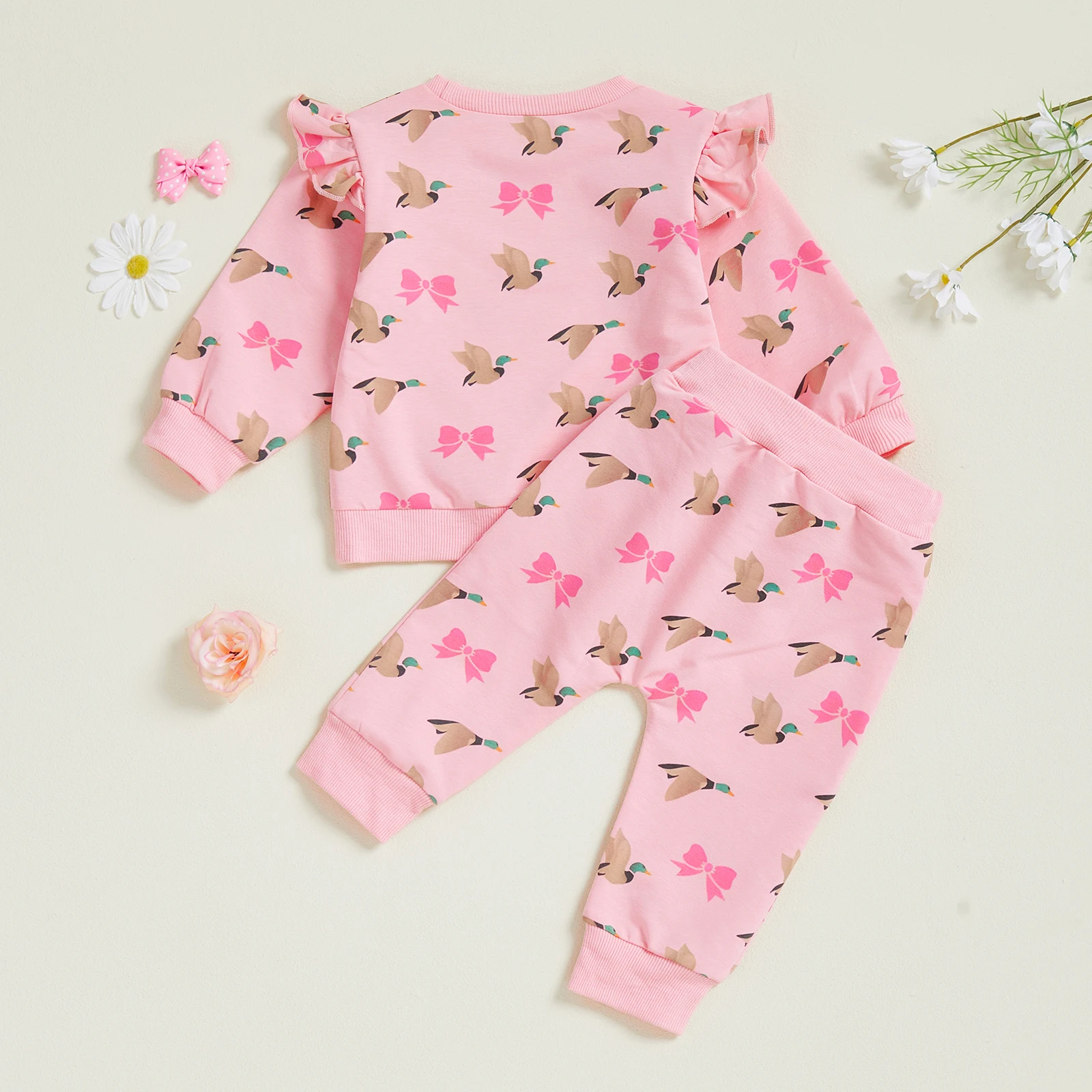 FOCUSNORM 0-3Y طفل رضيع الفتيات الخريف الملابس مجموعات وتتسابق بطة القوس طباعة طويلة الأكمام البلوز البلوز مرونة الخصر السراويل