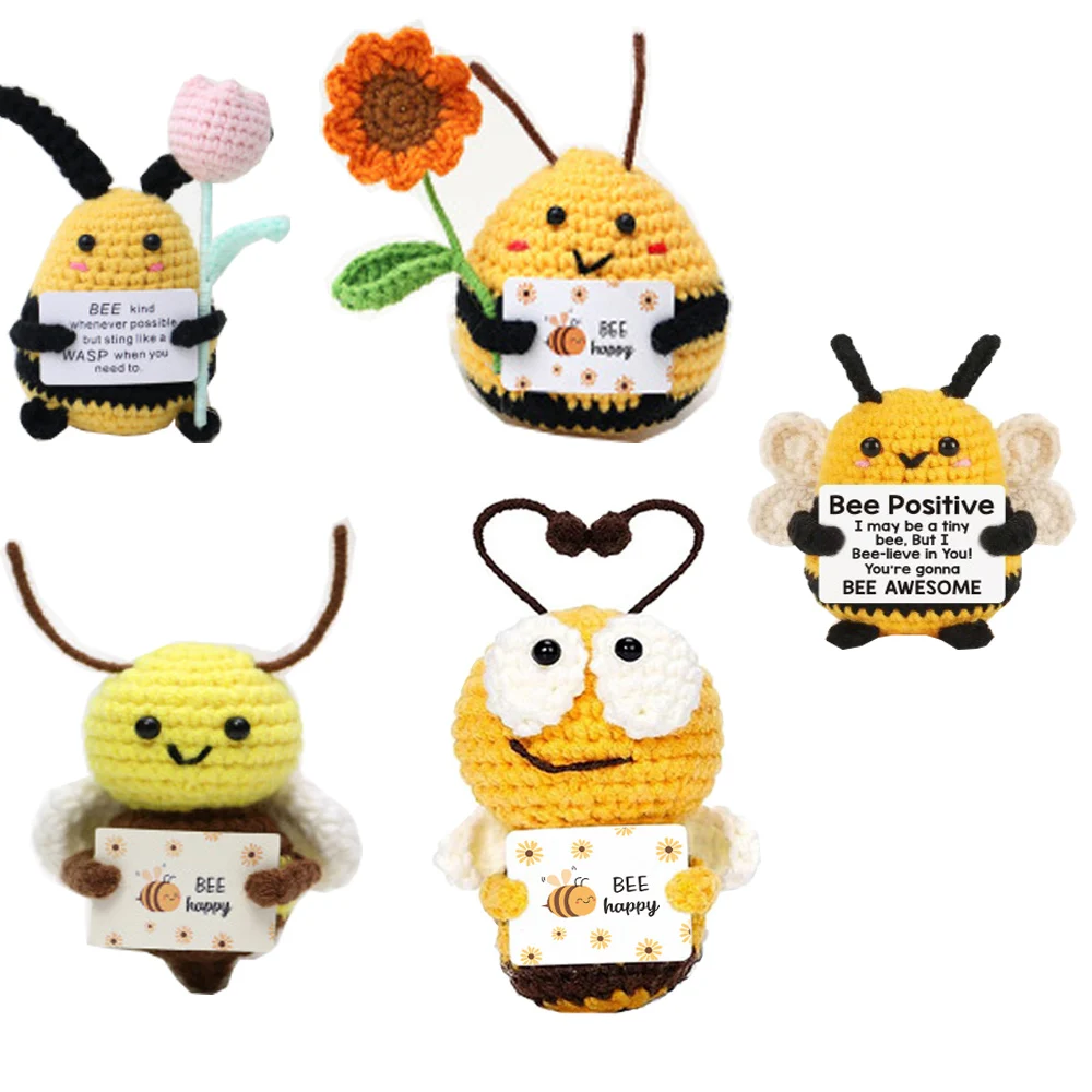 Positive Bee Crochet Doll Emotional Support Knitted Bee Toy With Encouraging Words Cute Desktop Ornament Inspirational Gift