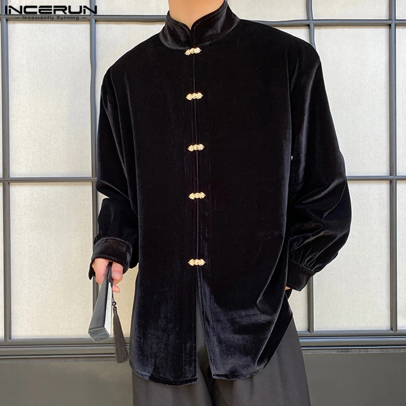 INCERUN, Tops sencillos de gamuza, camisas con diseño de hebilla Memtal elegante, superventas, blusa informal de manga larga con cuello levantado sólido para hombre, S-5XL